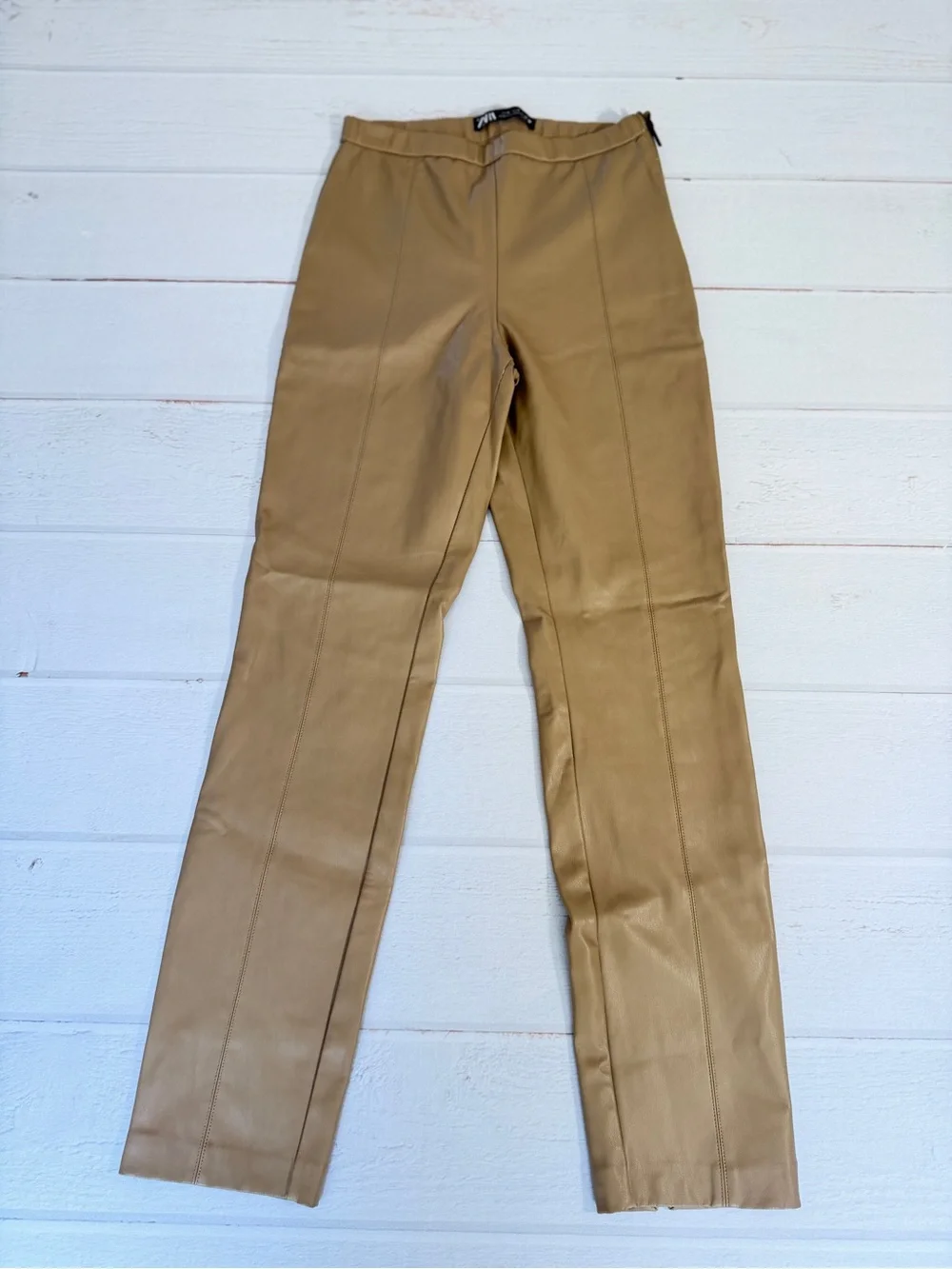 ZARA Faux Leather Pants Tan Straight Leg High Rise Size S